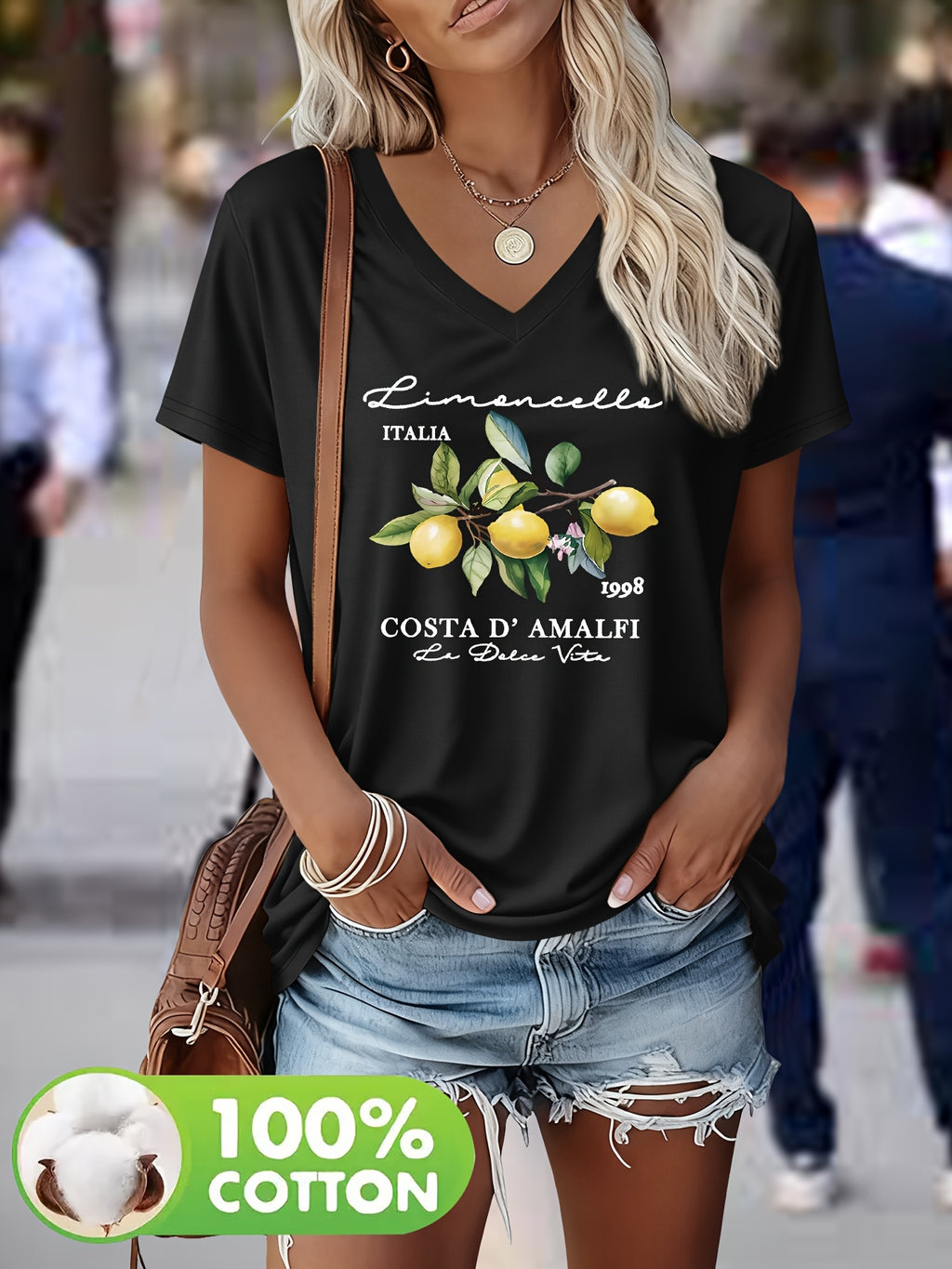 Belyn | Zomer-T-shirt voor dames – Top met V-hals, grafische print, zwaar materiaal, casual en chic