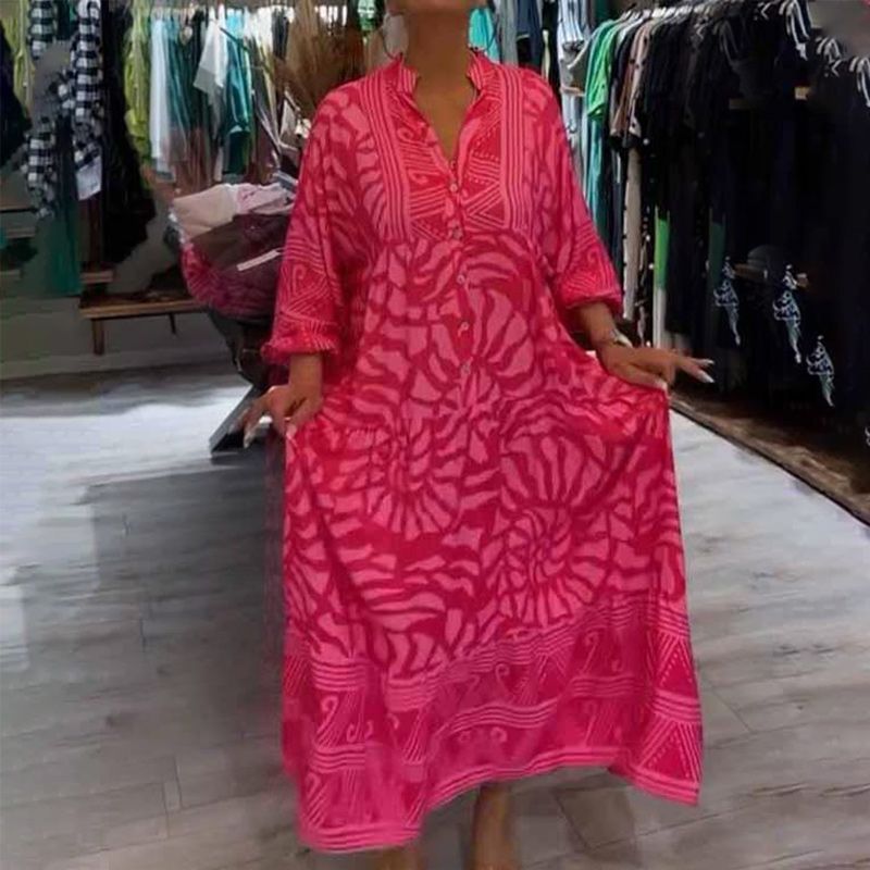 Rosella | Damen Printkleid – Lockeres Freizeit Midikleid mit Rundhalsausschnitt