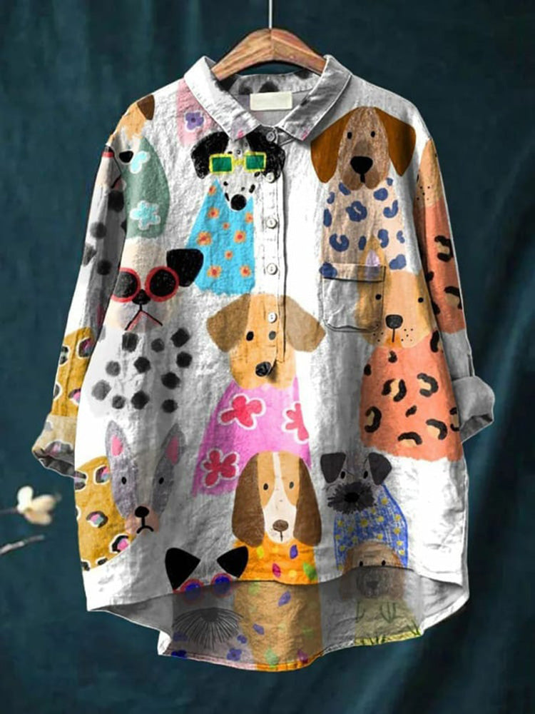 Zarielle | Oversized Dames Blouse – Honden Bedrukt overhemd, Katoen Casual Top