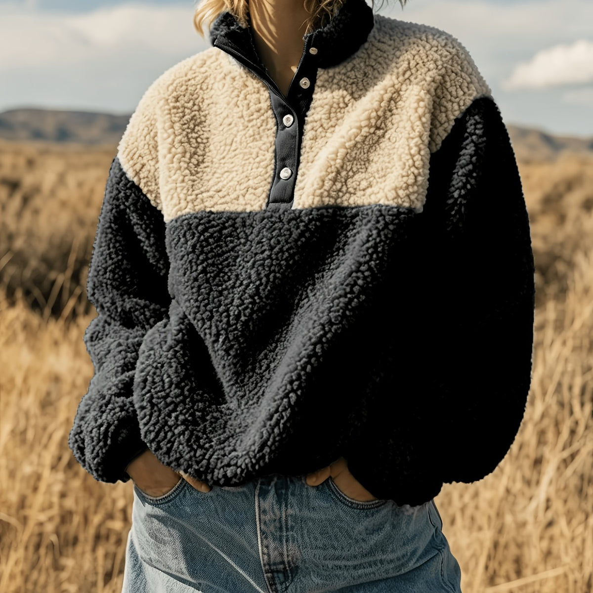 Anoria | Dames zachte color-block sweater – Halve knoopsluiting aan de voorkant