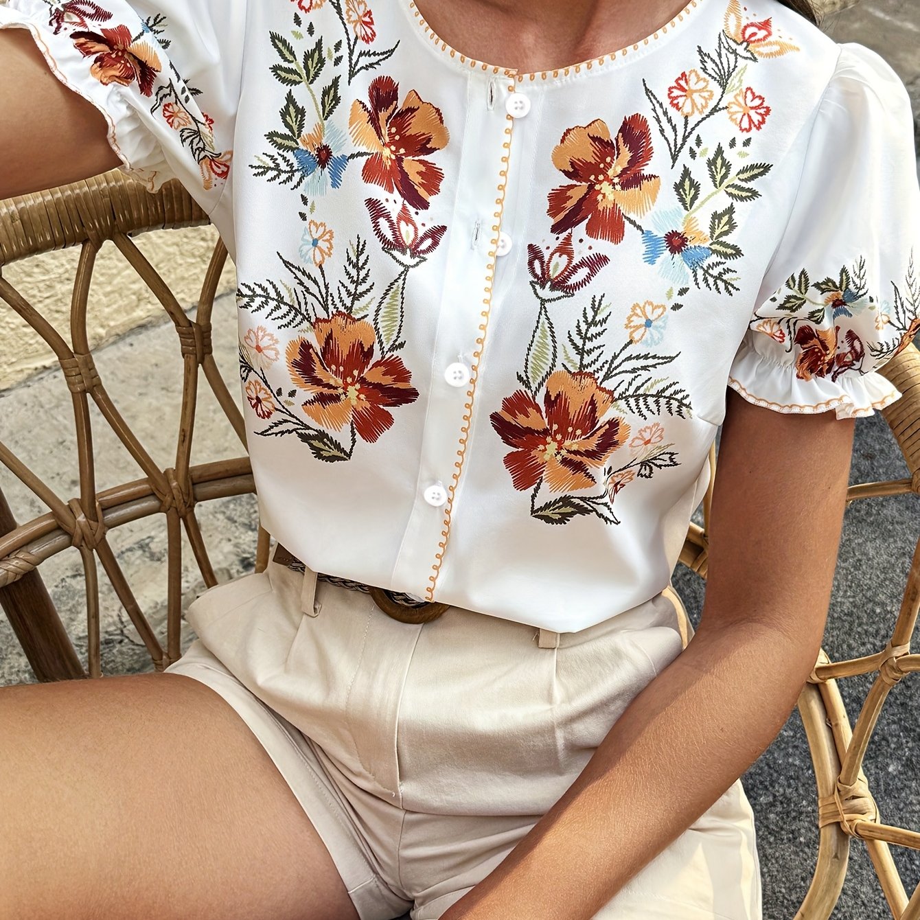 Soleil | Dames Geborduurde Bloemenblouse – Casual Chique Blouse