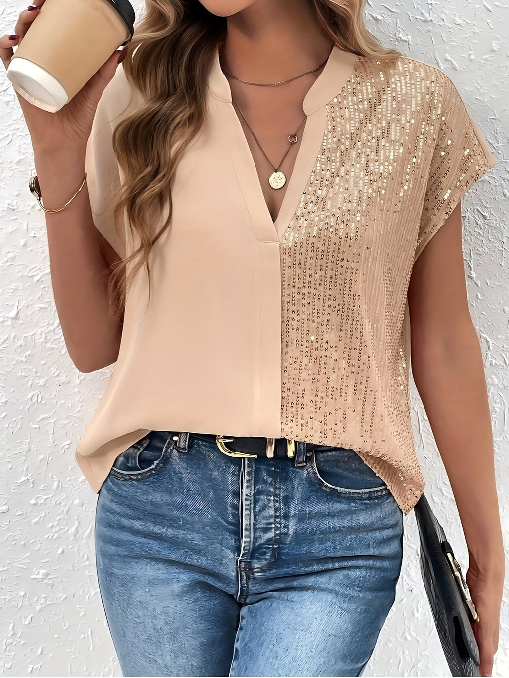 Havielle | Dames V-hals Pailletten Blouse – Batwing Mouwen Opengewerkte Gebreide Top