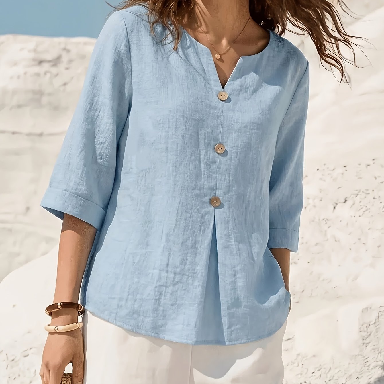 Winslet | Casual linnen top voor dames – loszittende blouse met V-hals en 3/4-mouwen