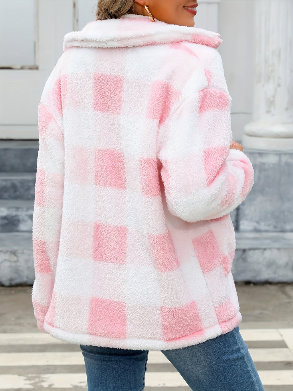 Noralise | Geruite Teddy Damesjas – Pluche, Lange Mouwen