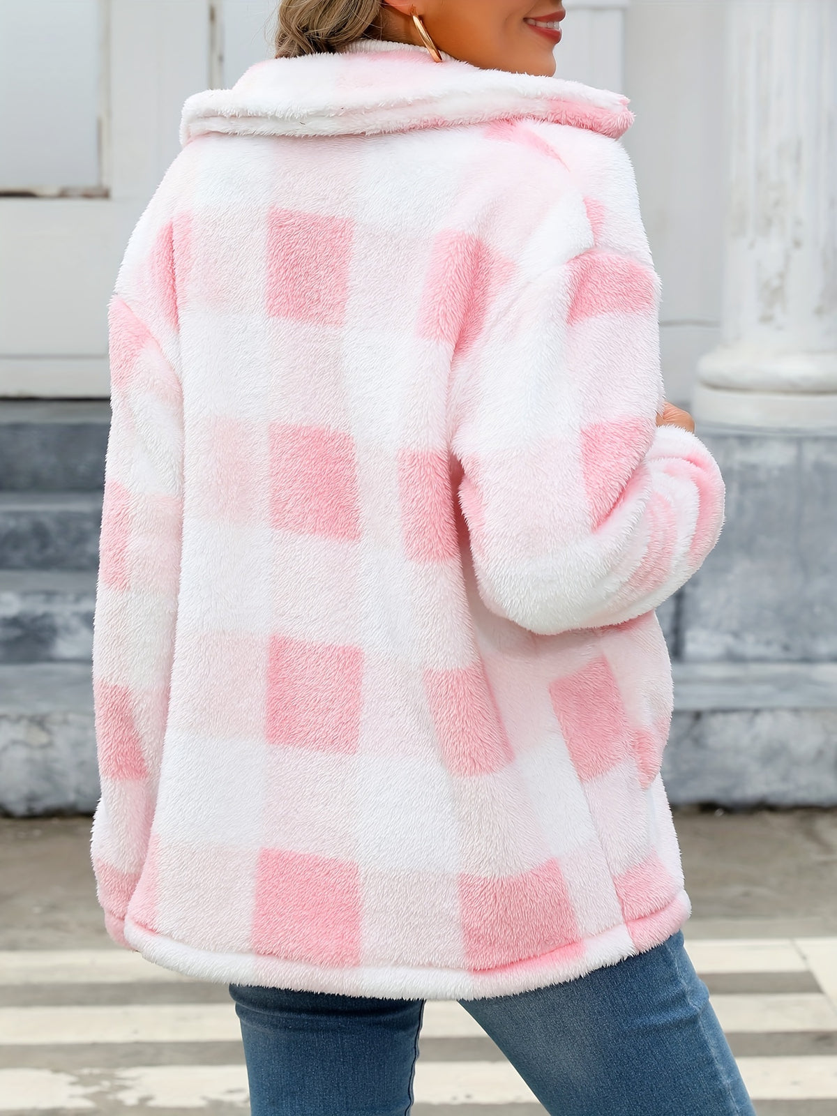 Noralise | Geruite Teddy Damesjas – Pluche, Lange Mouwen