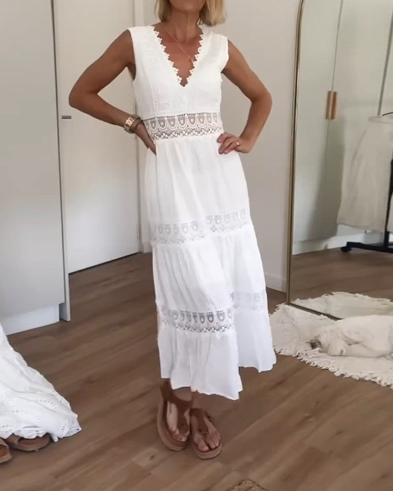 Indigo | Elegante kanten tanktopjurk voor dames – Midi-jurk met V-hals en zonder mouwen