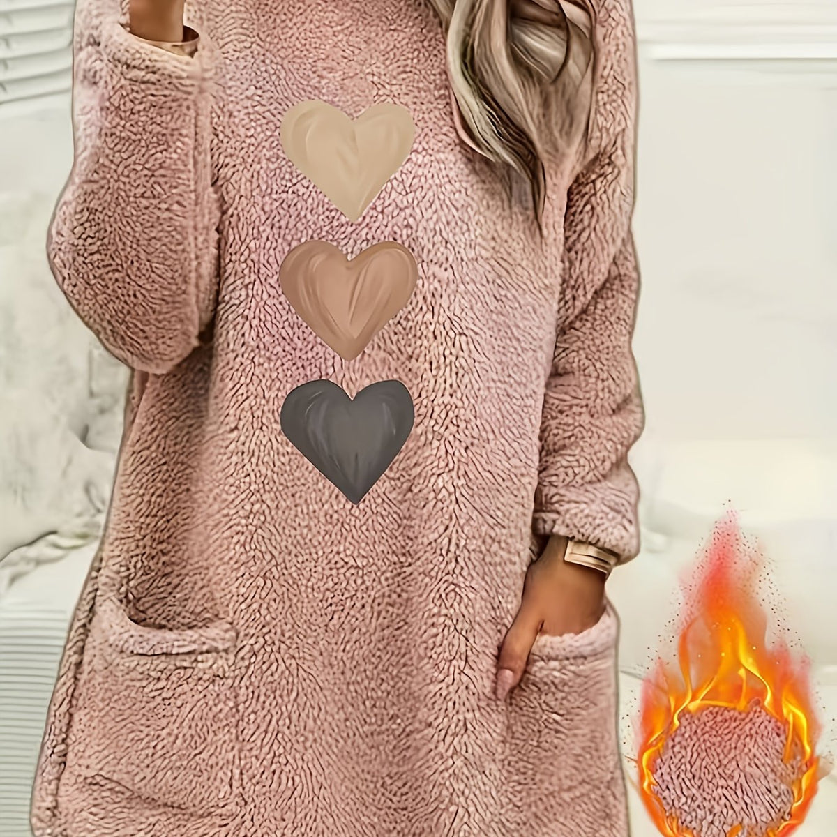 Leonie | Dames-sweatshirt met fleecevoering en hartjesprint – Casual pullover met lange mouwen