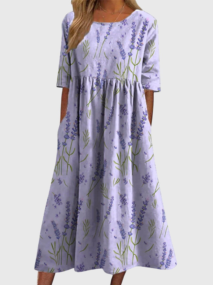 Iona | Maxijurk met bloemenprint en V-hals voor dames – Elegante A-lijn jurk met korte mouwen