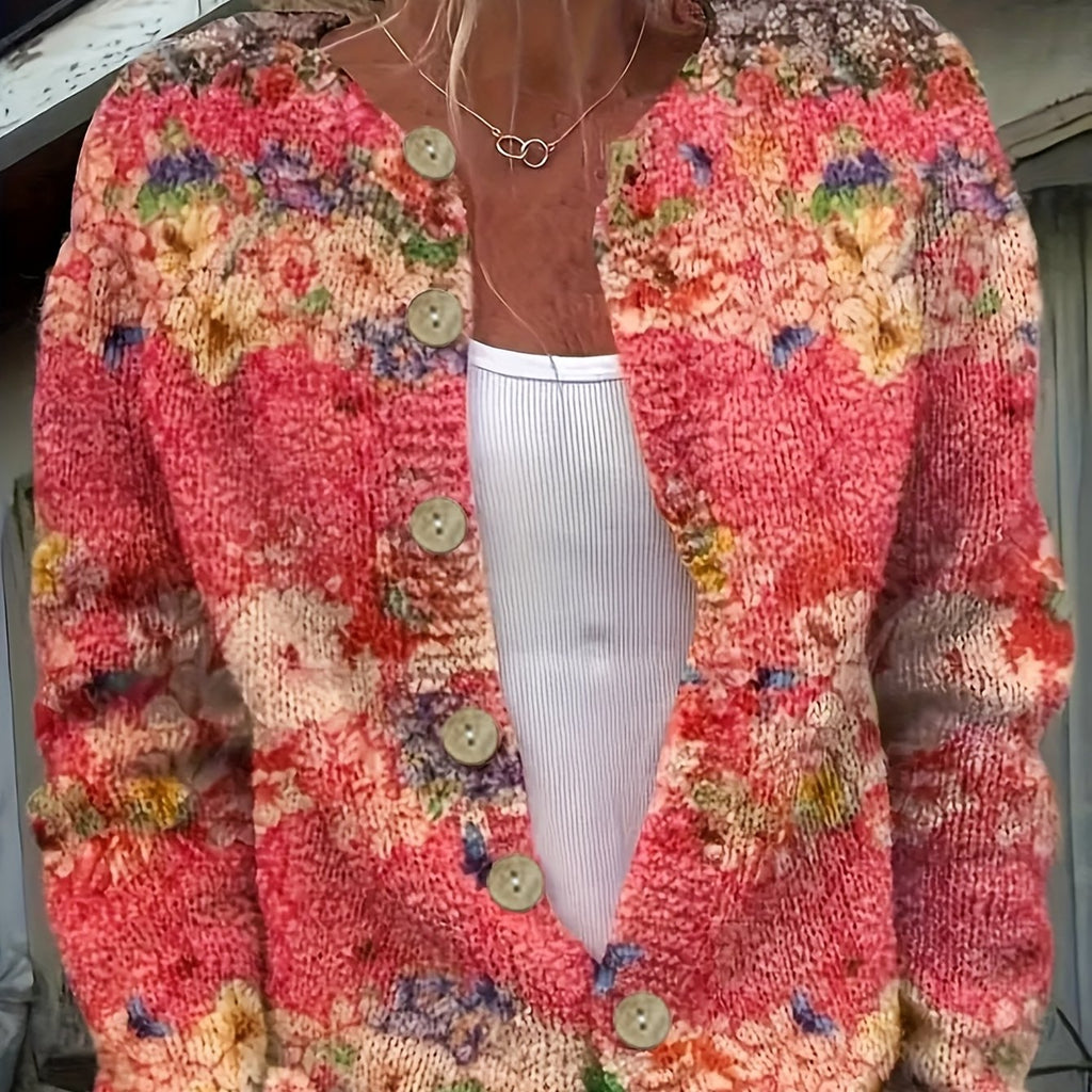 Hannelise | Damesvest met bloemen- en vlinderprint – vest met lange mouwen
