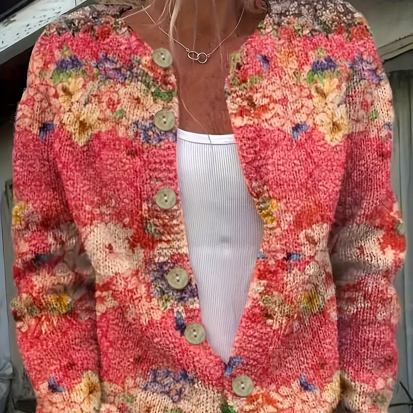 Hannelise | Damesvest met bloemen- en vlinderprint – vest met lange mouwen