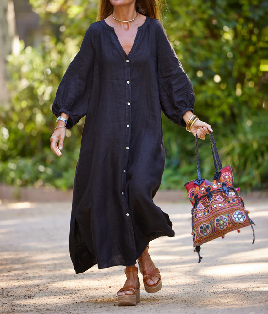 Alia | Casual linnen jurk voor dames – losvallende, ademende zomer midi-jurk