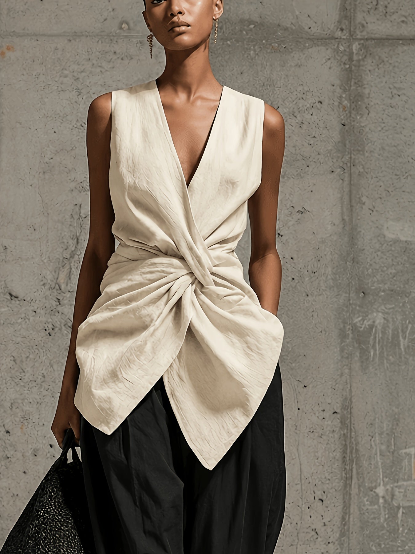 Zariah | Dames-top met V-hals en gedraaide pas – Mouwloos mintgroen shirt met getailleerd detail