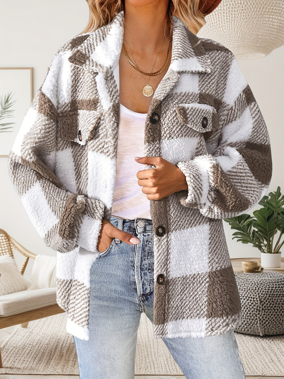 Vionelle | Damesjas van Pluche – Geruit, Knoopsluiting, Lange Mouwen & Zachte Casual Pasvorm