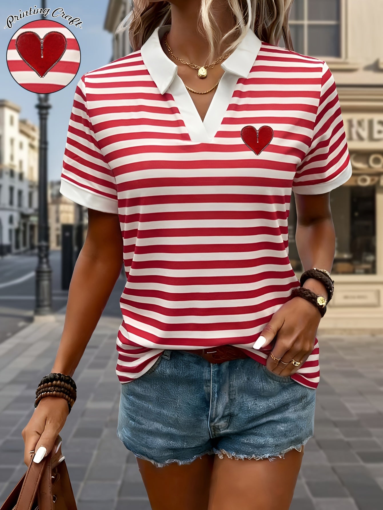Azelora | Dames Gestreept V-hals T-shirt – Casual Blouse met Korte Mouwen en Hartprint