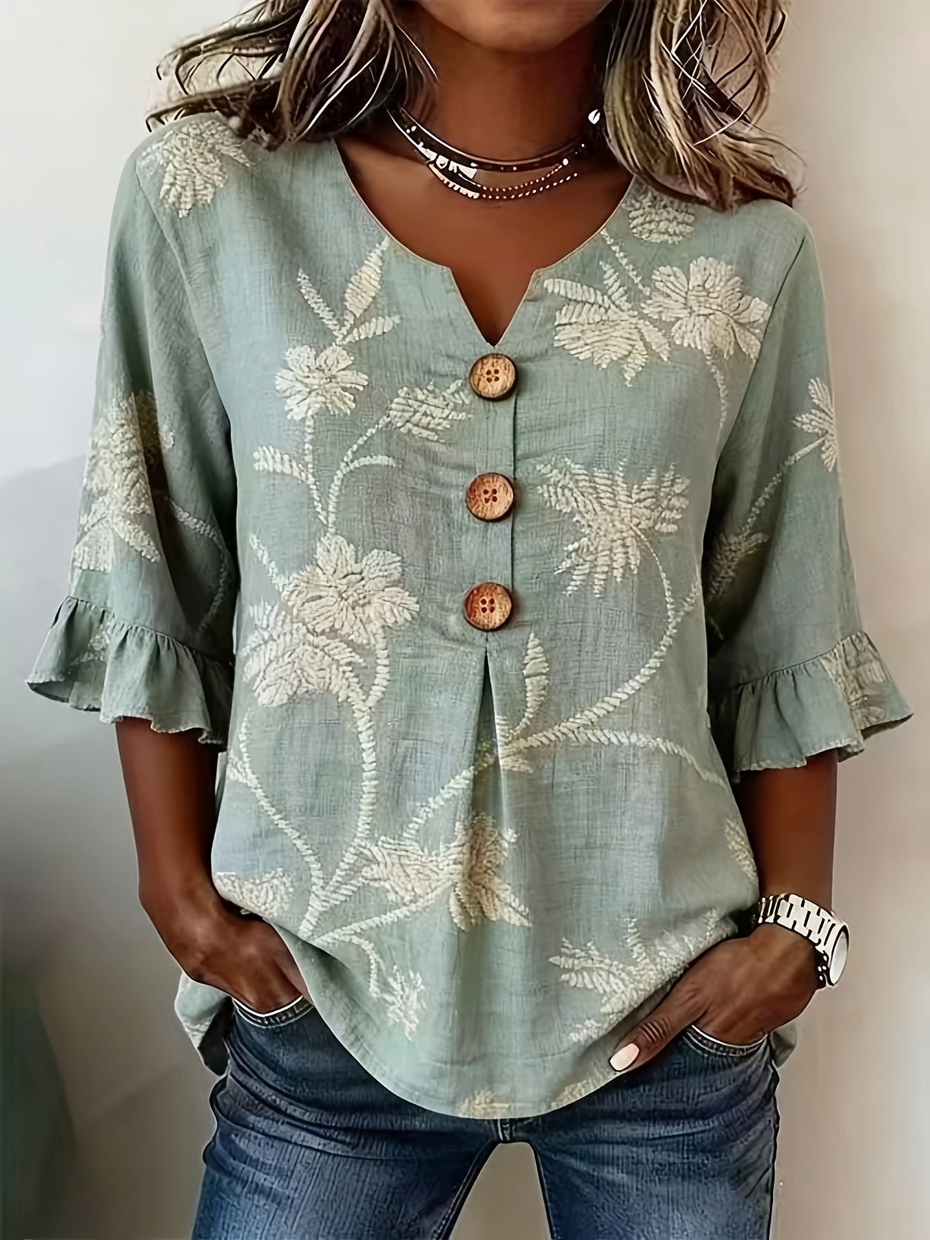 Pearlina | Damesblouse met bloemenprint en V-hals – Blouse met relaxte, losse pasvorm