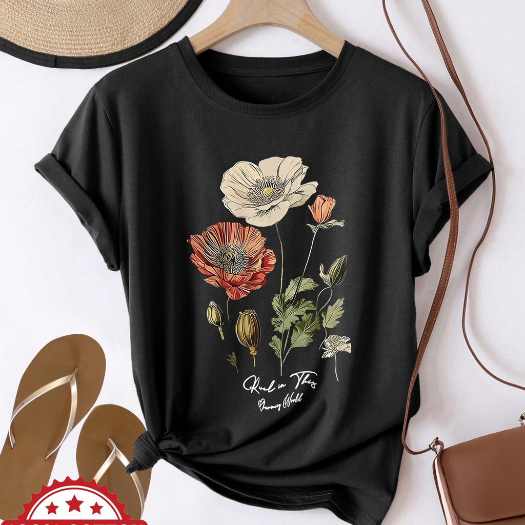 Eniselle | Dames T-shirt met Klaproosbloemenprint – Casual Ronde Hals en Korte Mouwen