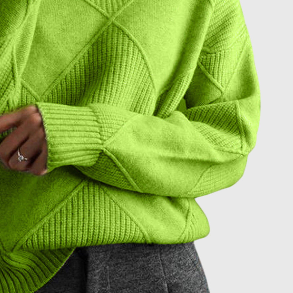 Calyssia | Damestrui met dikke breistruk en col – Patchwork met ruitmotief