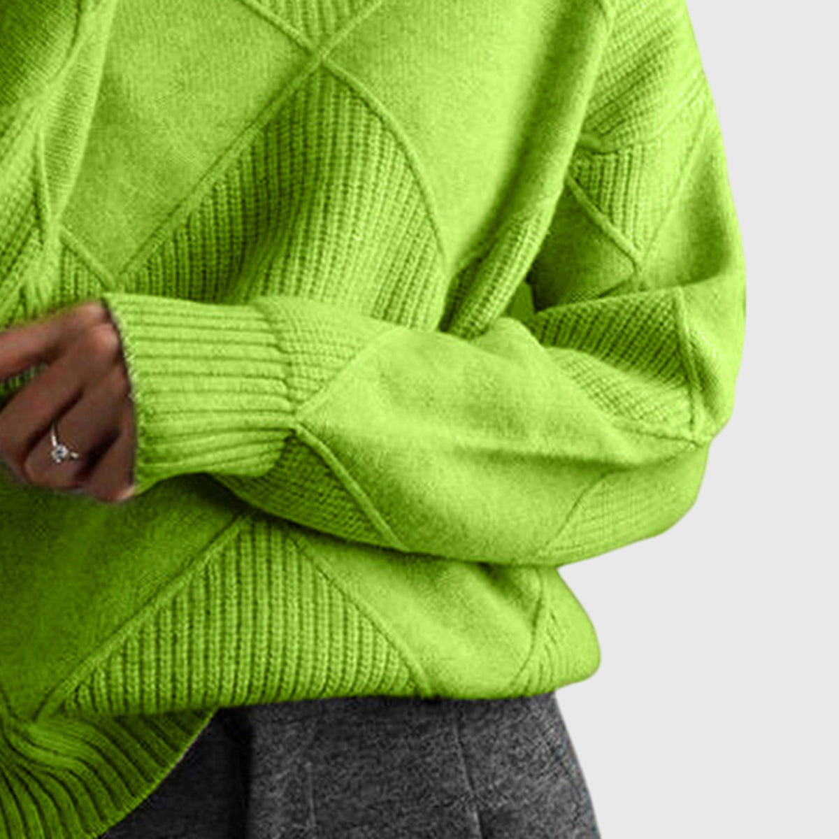 Calyssia | Damestrui met dikke breistruk en col – Patchwork met ruitmotief