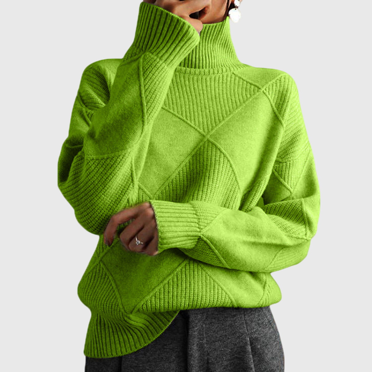 Calyssia | Damestrui met dikke breistruk en col – Patchwork met ruitmotief