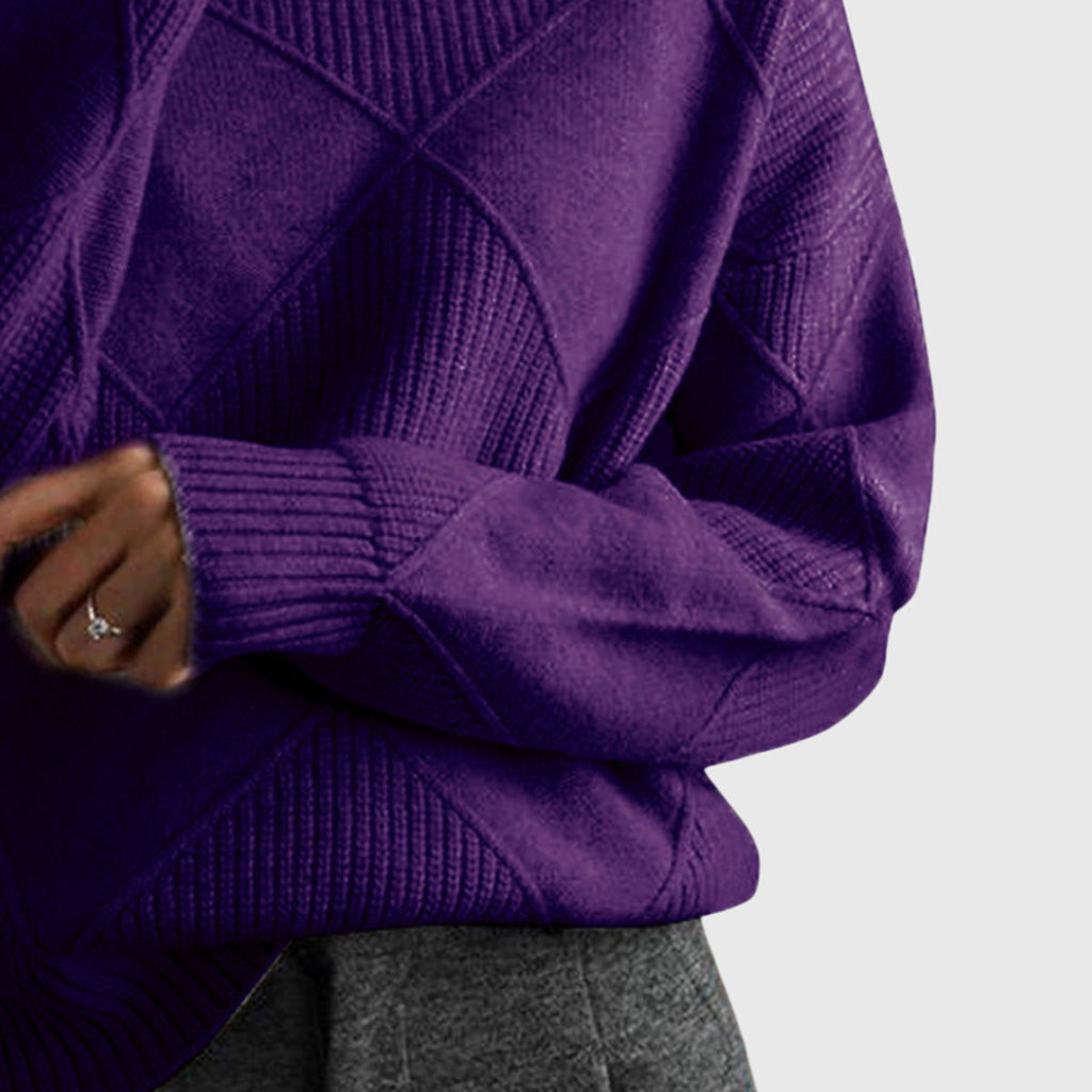Calyssia | Damestrui met dikke breistruk en col – Patchwork met ruitmotief
