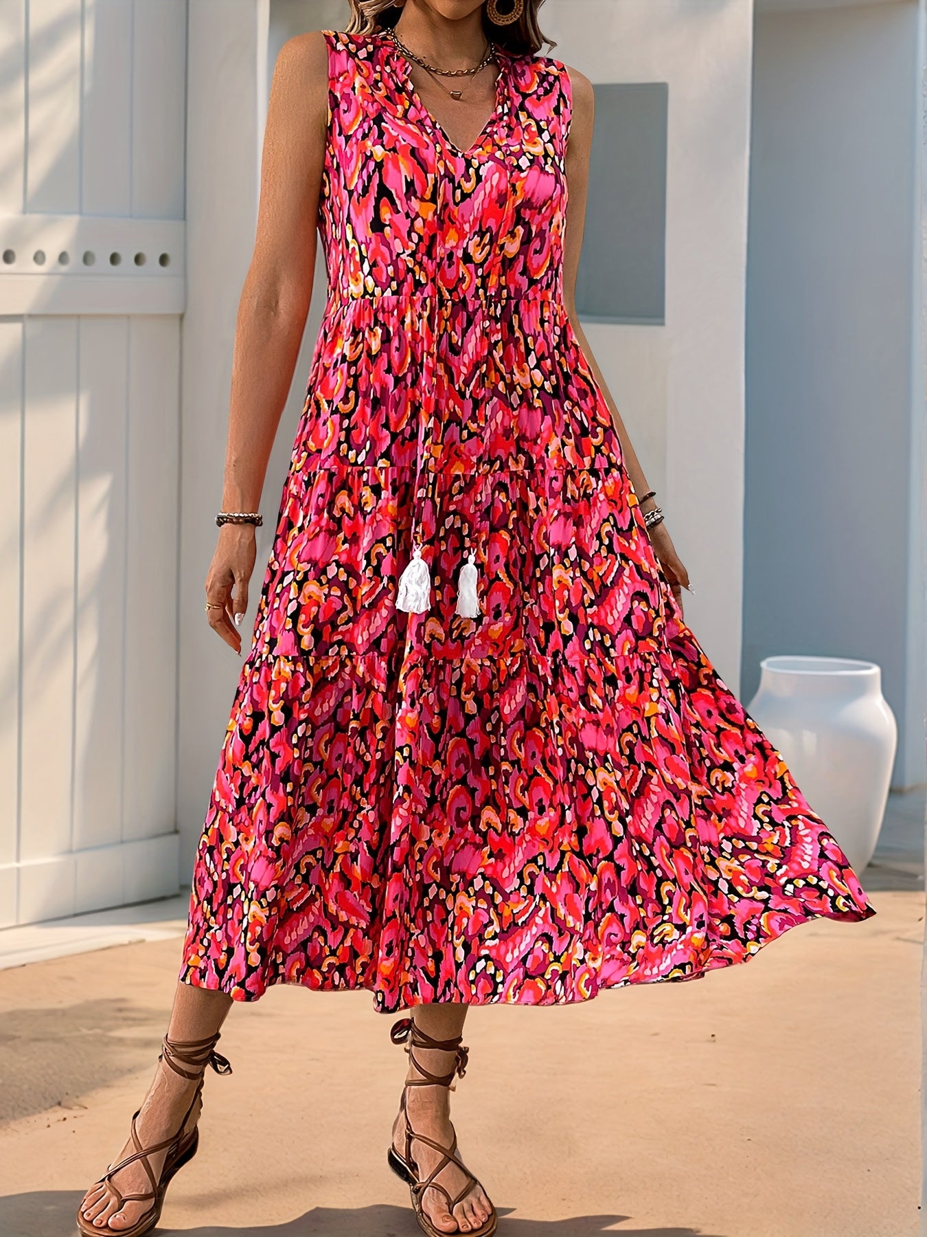 Elsyn | Boho-maxi-jurk voor dames – Mouwloze strandvakantiejurk met print en franjes