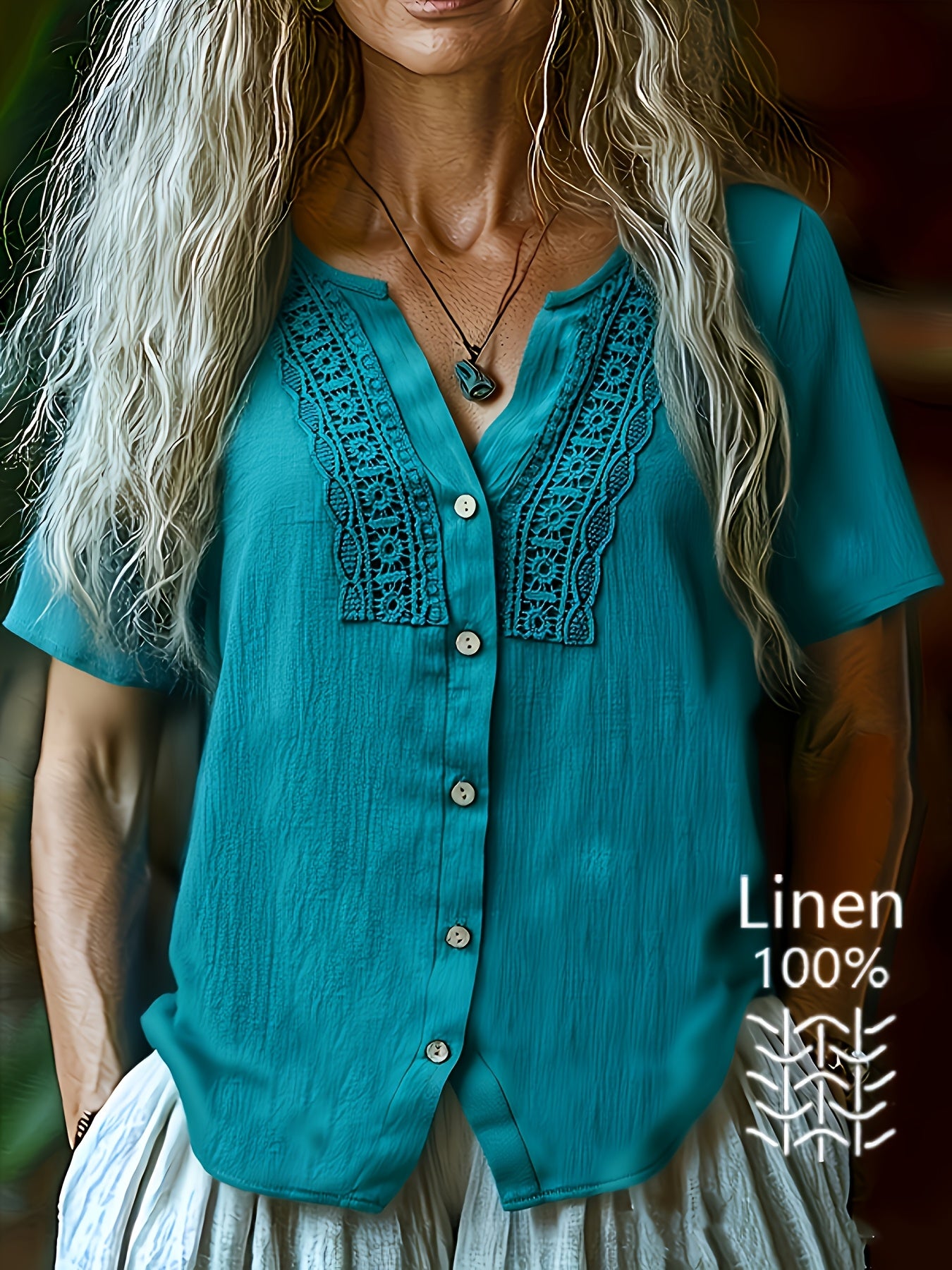 Cyrelia | Dames Linnen Blouse met V-hals – Boho Geborduurde Blouse met Knopen