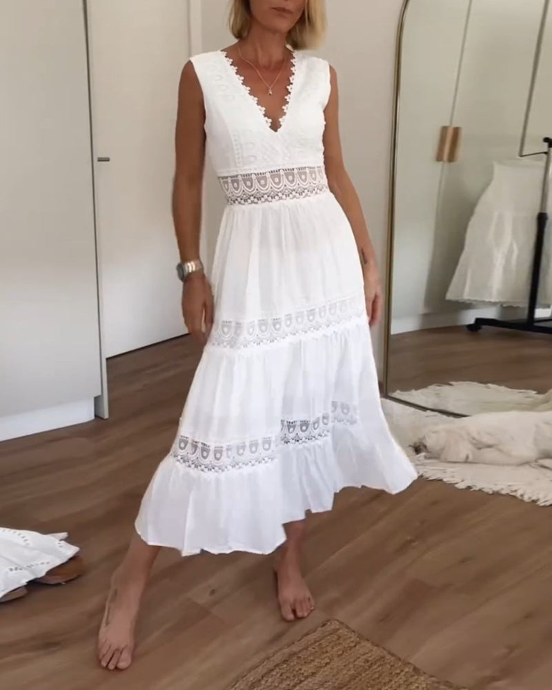 Indigo | Elegante kanten tanktopjurk voor dames – Midi-jurk met V-hals en zonder mouwen