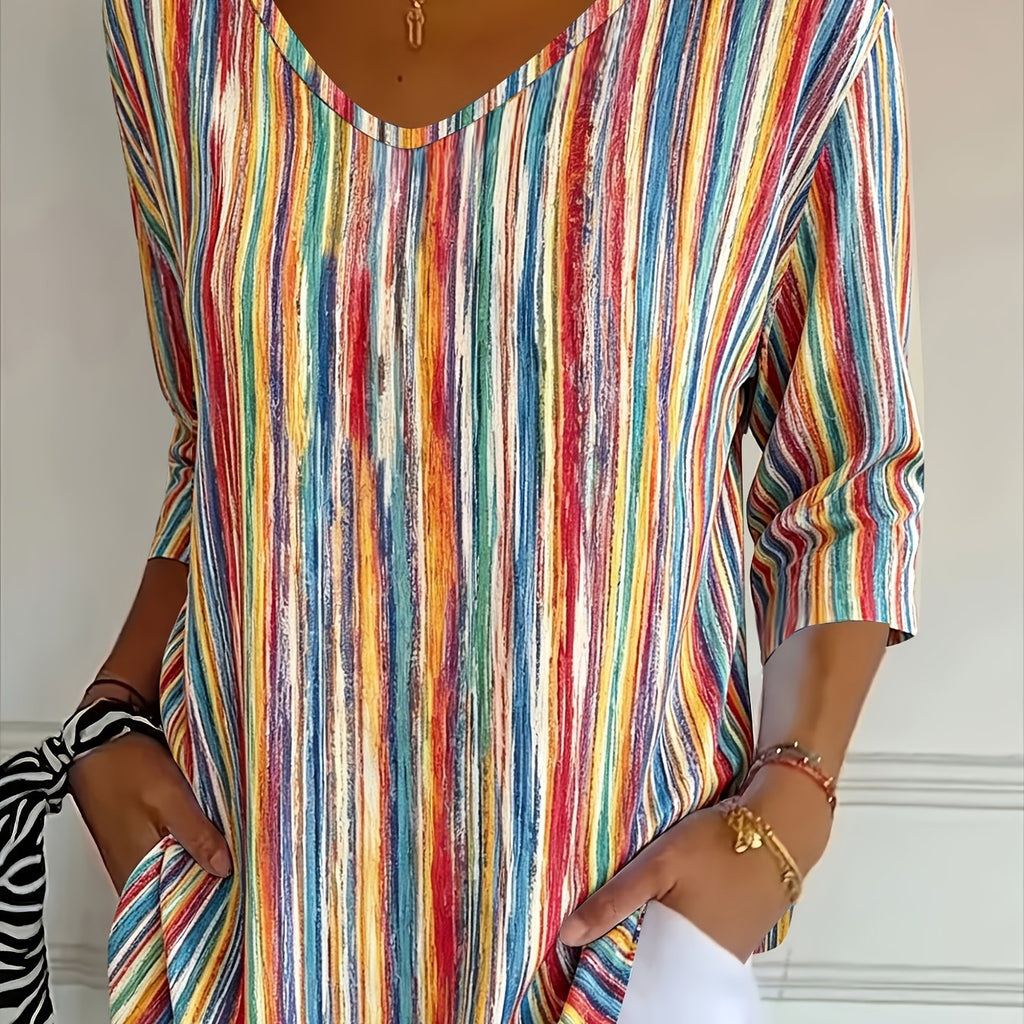 Beatrix | Casual Damesblouse – Gestreepte Losvallende Blouse met V-Hals en 3/4 Mouwen