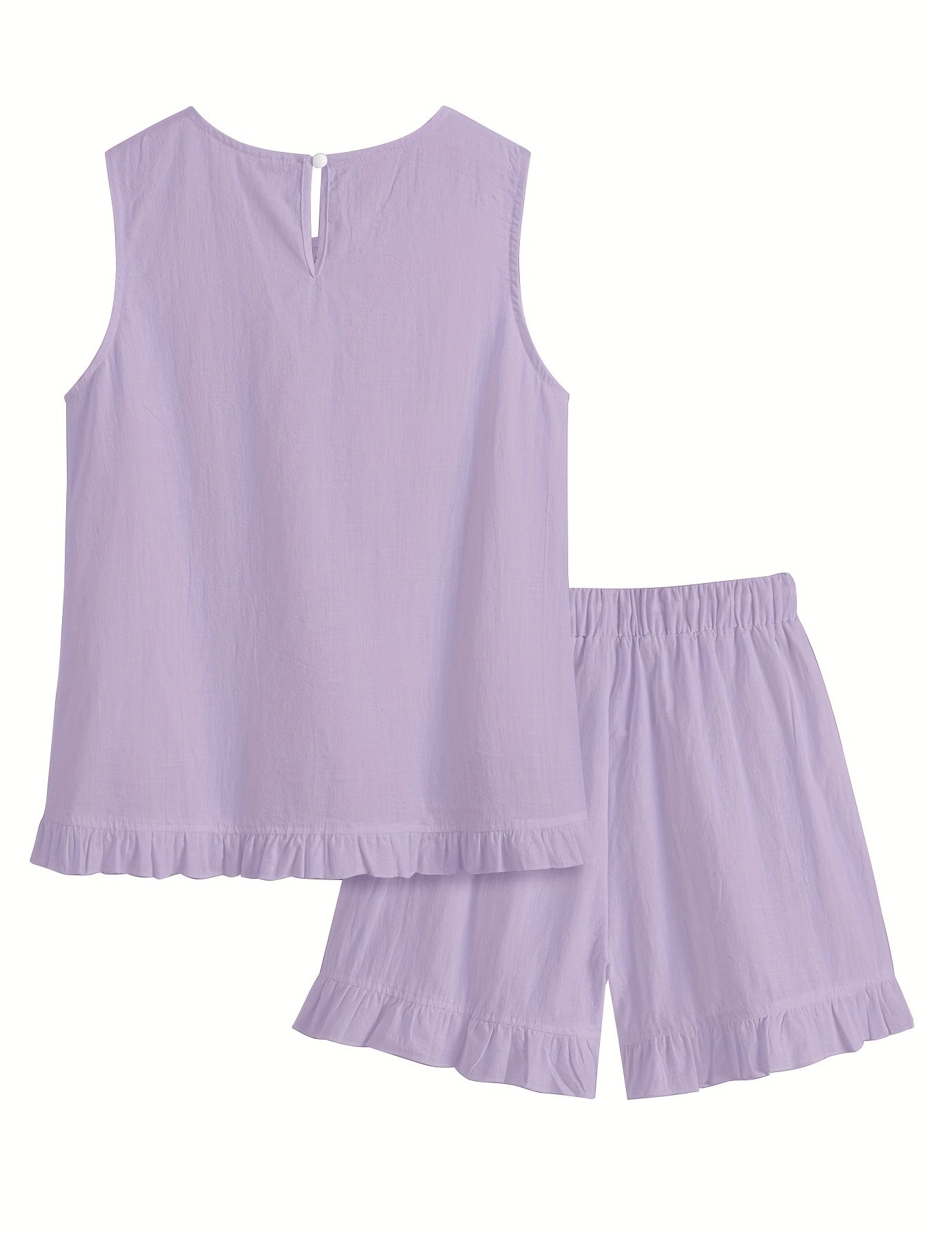 Teagan | Lounge-set voor dames met kanten randjes – mouwloze top en shorts met ruches