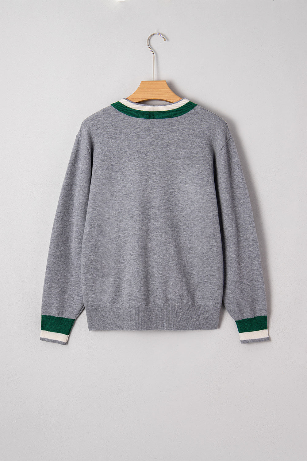 Florissa | Grijze dames-sweater in varsity-stijl – V-hals, contrasterende strepen aan de randen