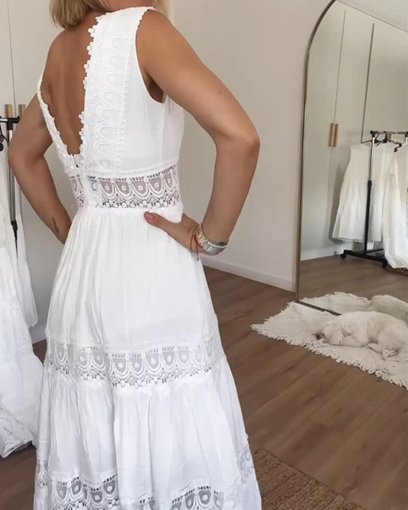 Indigo | Elegante kanten tanktopjurk voor dames – Midi-jurk met V-hals en zonder mouwen