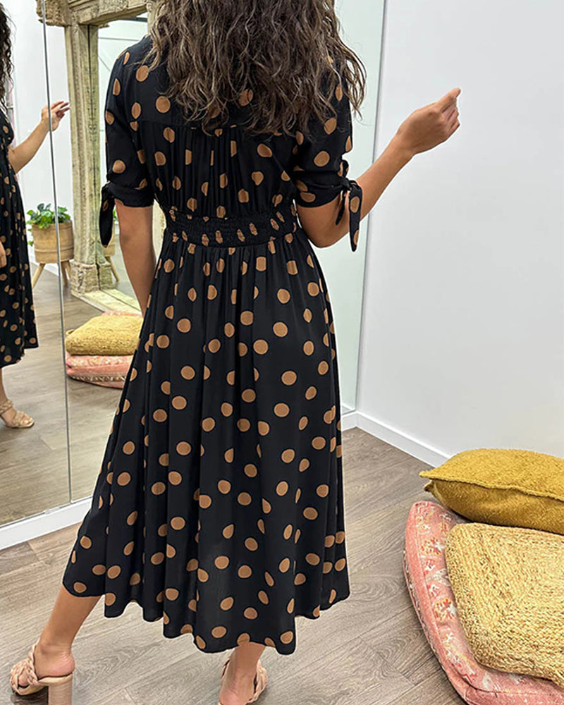 Damaris | Dames Polkadot Midi-jurk – Elegante A-lijn jurk met V-hals