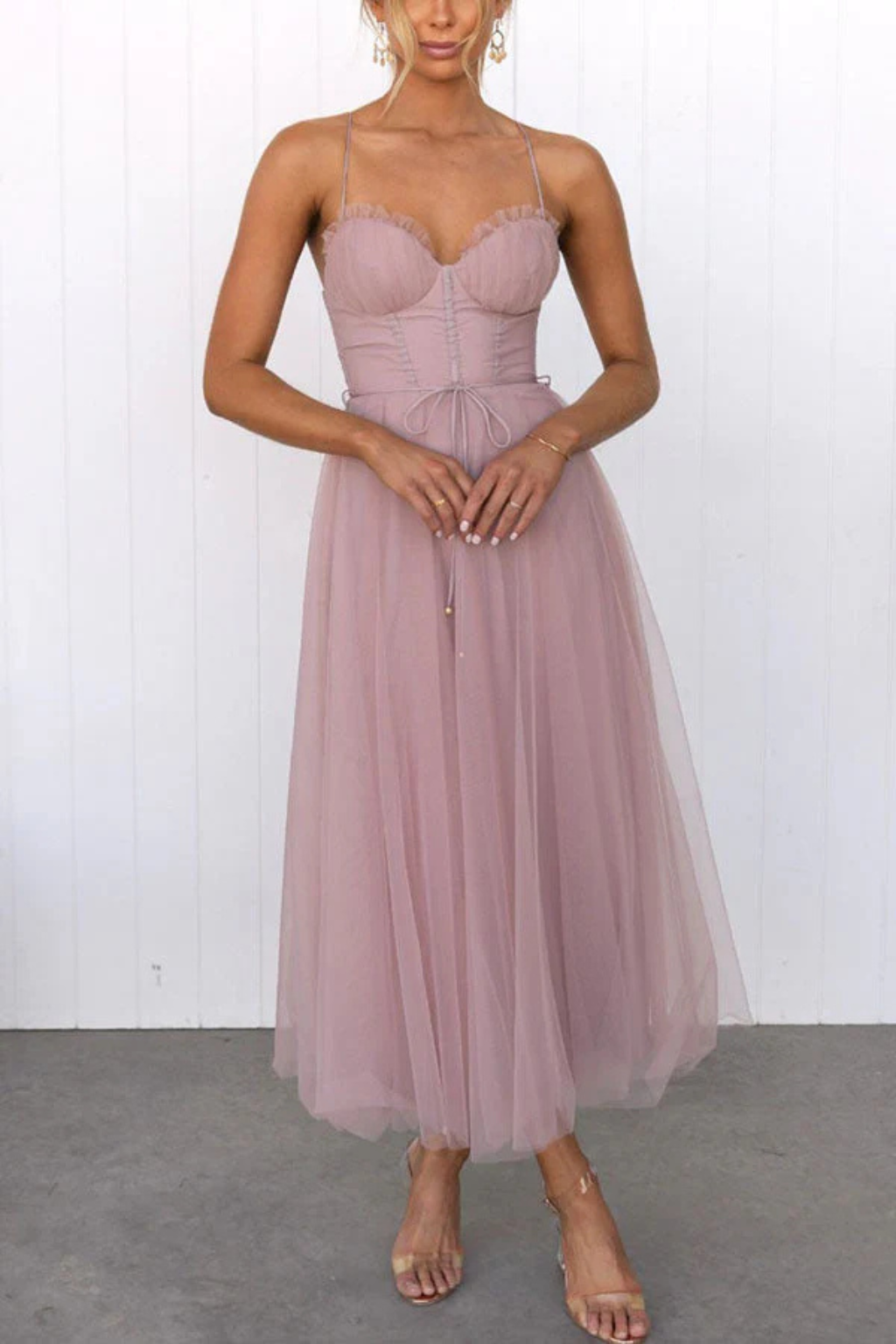Greta | Formele Midi Jurk voor Dames – Strapless Avondjurk met Tule Bustier
