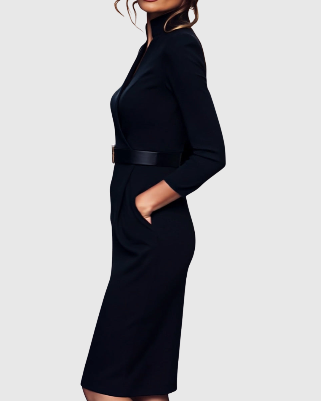 Arlena | Elegante werkjurk voor dames – Midi-kokerjurk met ceintuur en schijnbare overslaghalslijn