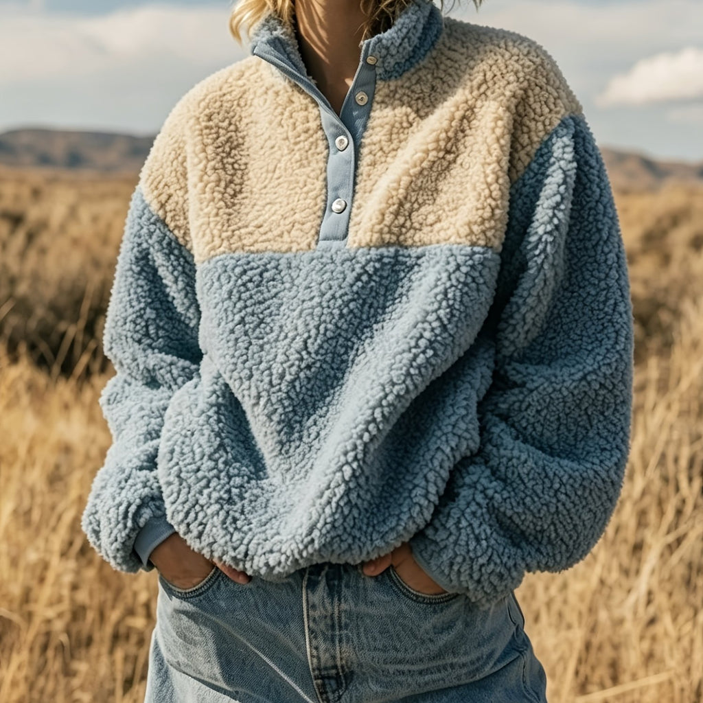 Anoria | Dames zachte color-block sweater – Halve knoopsluiting aan de voorkant