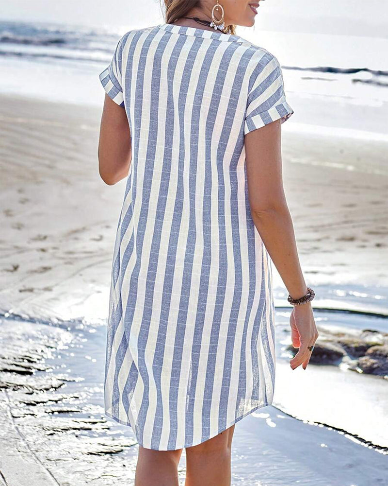 Cyrinae | Dames Blauwe Gestreepte Midi-jurk – Elegante Overhemdjurk