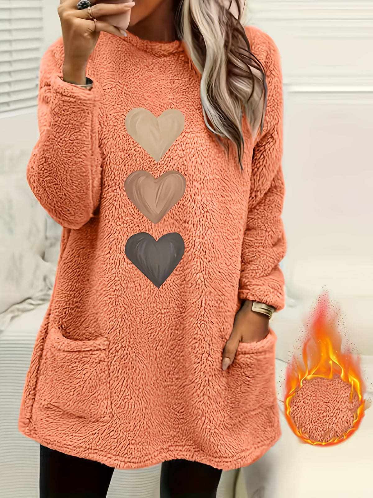 Leonie | Dames-sweatshirt met fleecevoering en hartjesprint – Casual pullover met lange mouwen