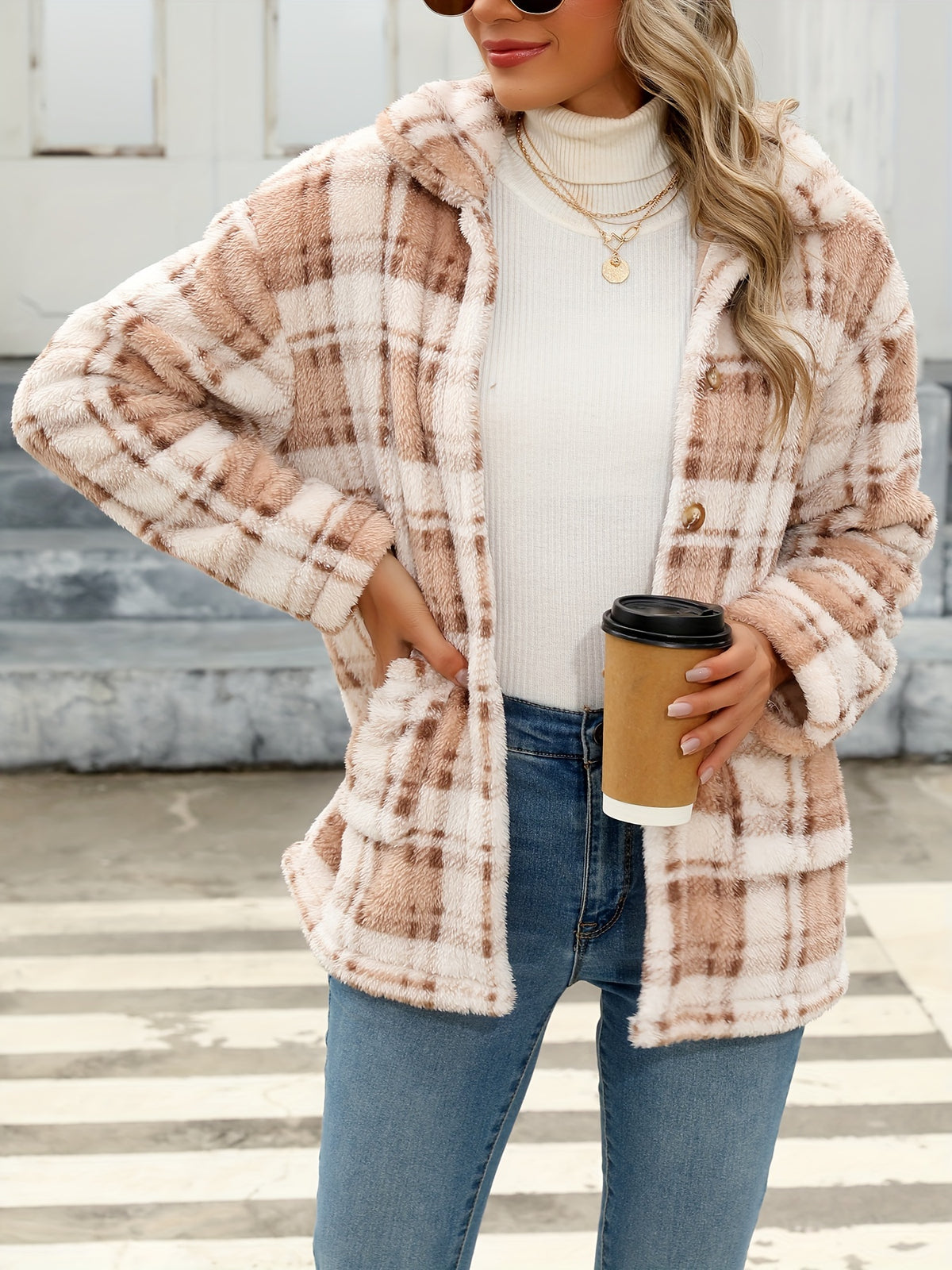 Noralise | Geruite Teddy Damesjas – Pluche, Lange Mouwen