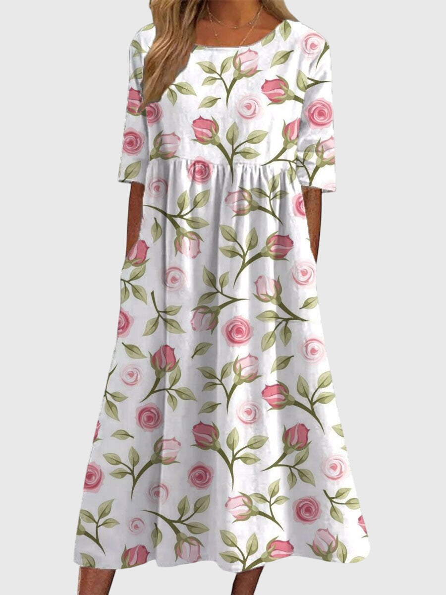 Iona | Maxijurk met bloemenprint en V-hals voor dames – Elegante A-lijn jurk met korte mouwen