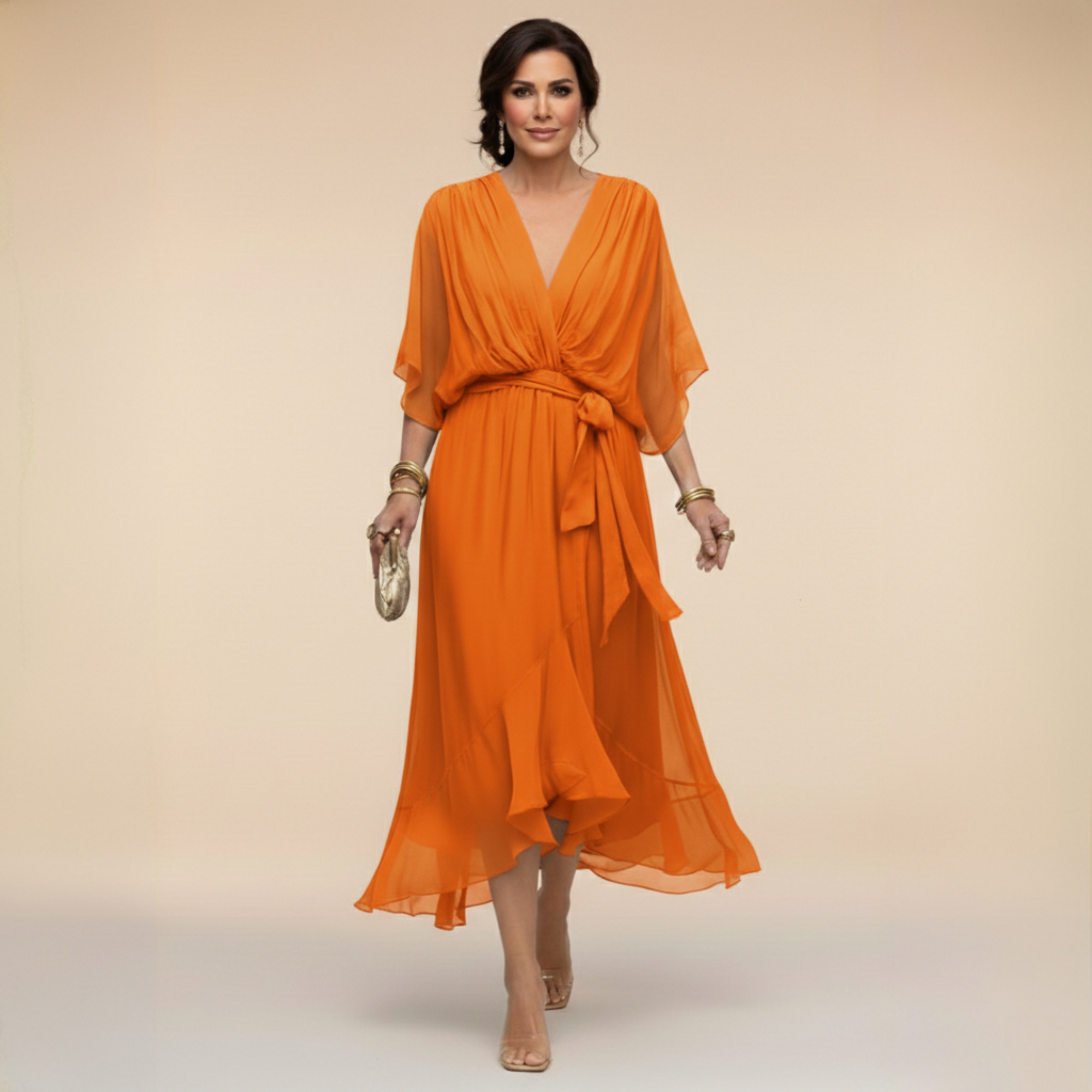 Alicia | Midi Chiffonjurk voor Dames – Elegante V-Hals Jurk met Riem en Soepele Pasvorm