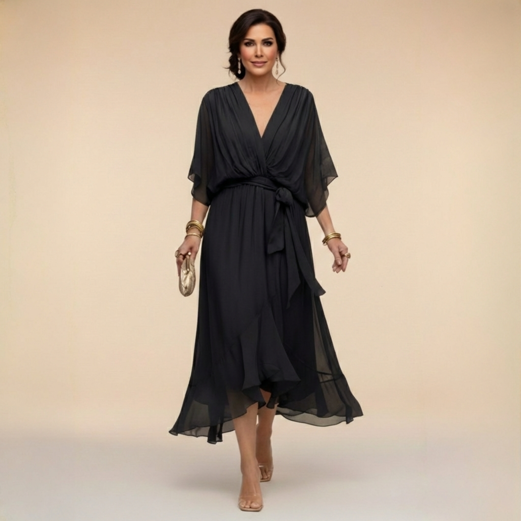 Alicia | Midi Chiffonjurk voor Dames – Elegante V-Hals Jurk met Riem en Soepele Pasvorm