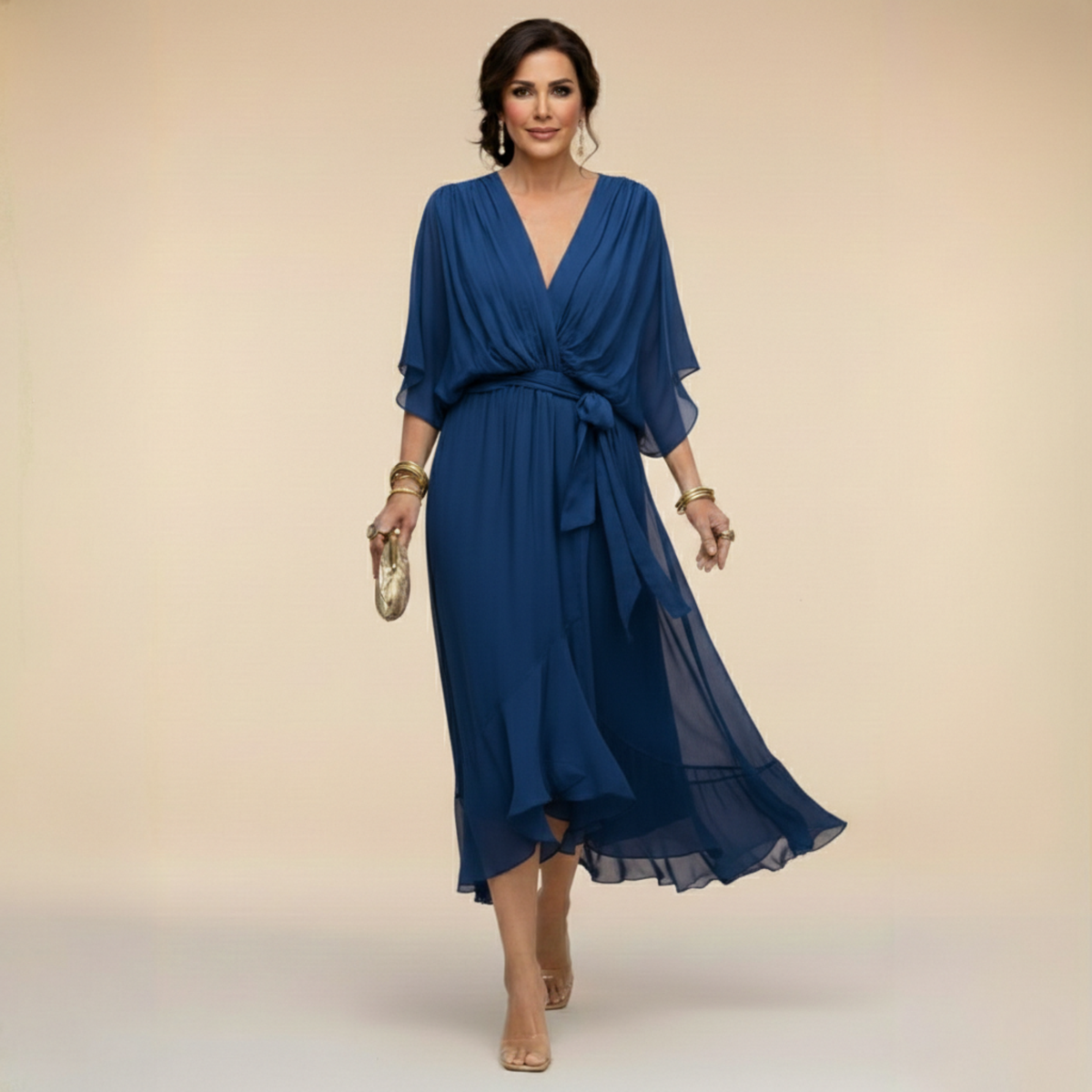 Alicia | Midi Chiffonjurk voor Dames – Elegante V-Hals Jurk met Riem en Soepele Pasvorm