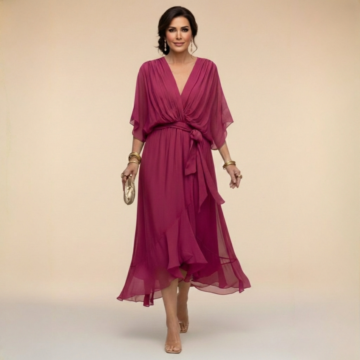Alicia | Midi Chiffonjurk voor Dames – Elegante V-Hals Jurk met Riem en Soepele Pasvorm