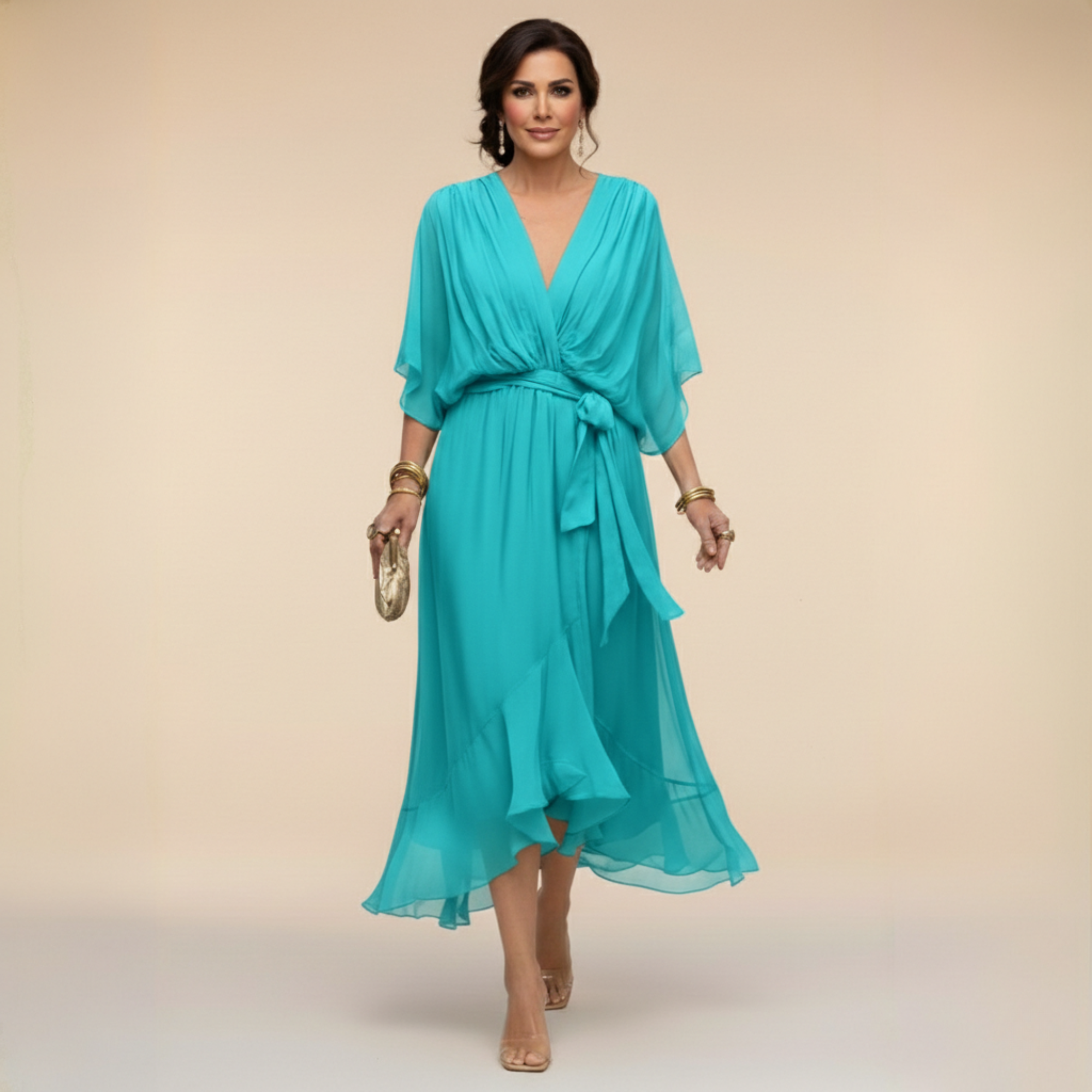 Alicia | Midi Chiffonjurk voor Dames – Elegante V-Hals Jurk met Riem en Soepele Pasvorm