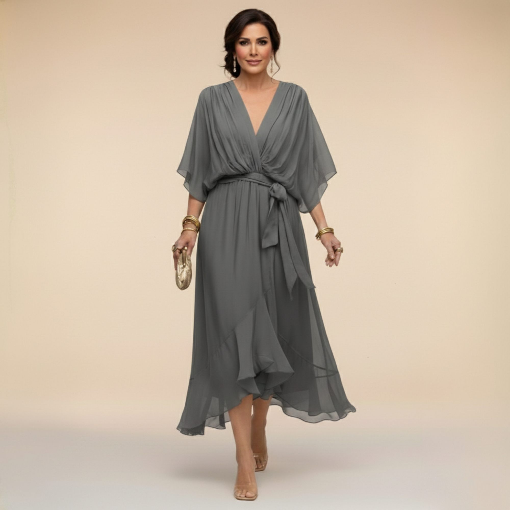 Alicia | Midi Chiffonjurk voor Dames – Elegante V-Hals Jurk met Riem en Soepele Pasvorm