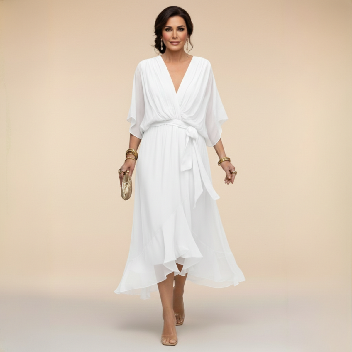 Alicia | Midi Chiffonjurk voor Dames – Elegante V-Hals Jurk met Riem en Soepele Pasvorm