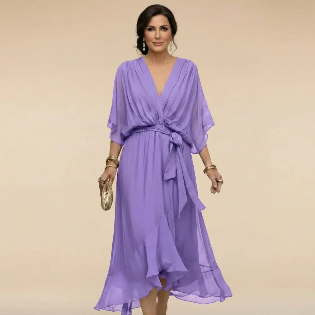 Alicia | Midi Chiffonjurk voor Dames – Elegante V-Hals Jurk met Riem en Soepele Pasvorm