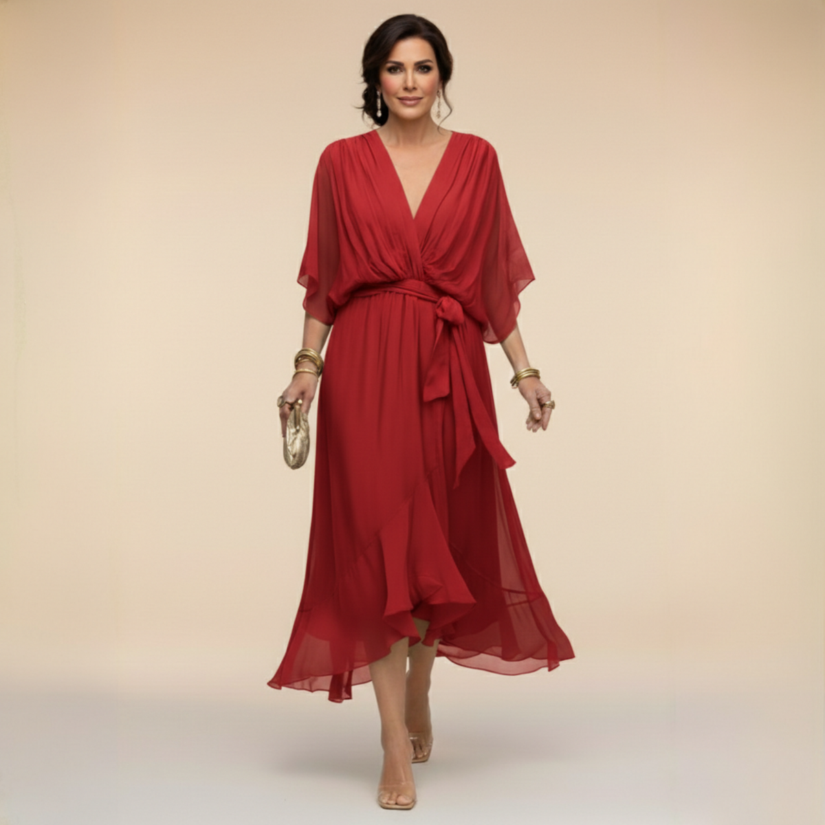 Alicia | Midi Chiffonjurk voor Dames – Elegante V-Hals Jurk met Riem en Soepele Pasvorm