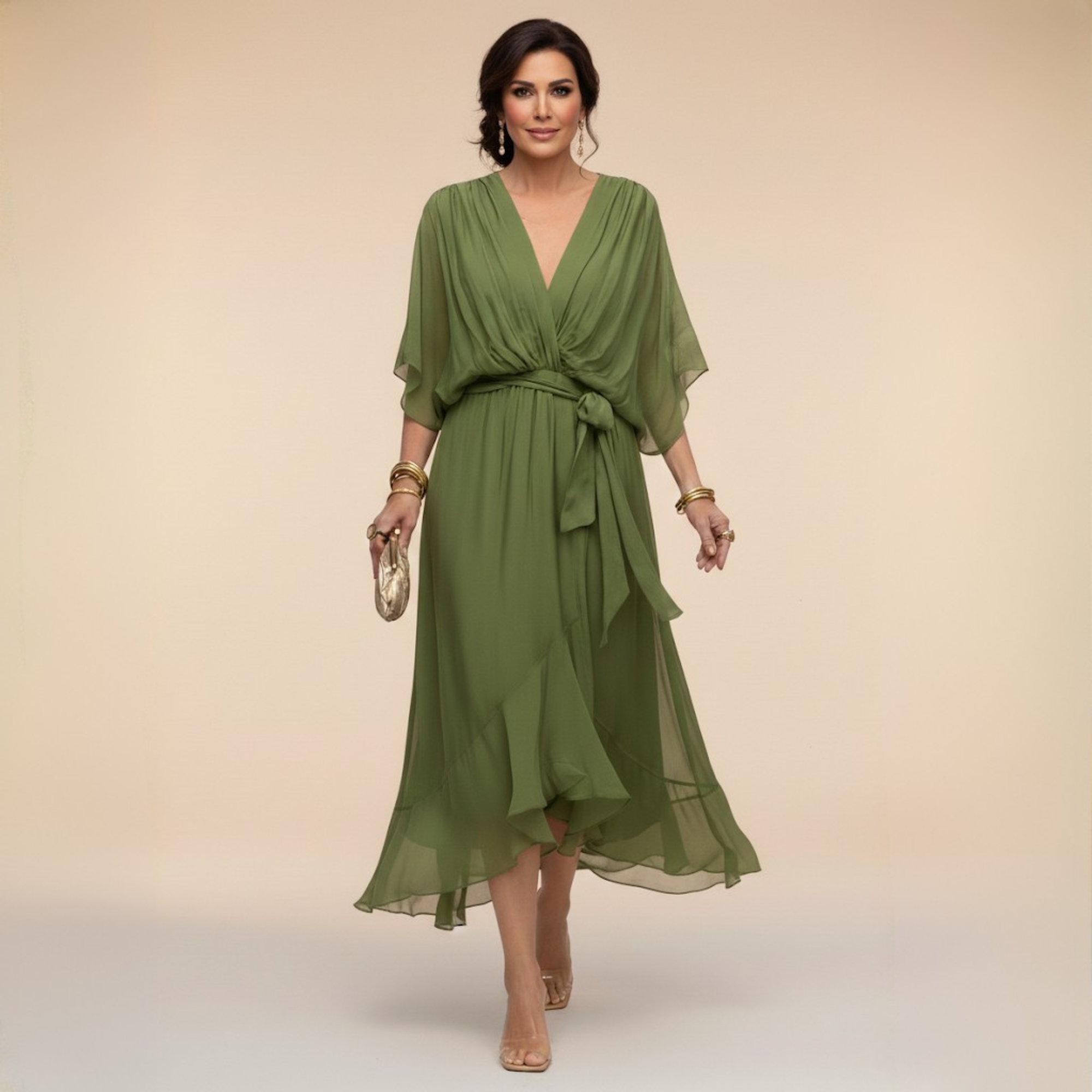 Alicia | Midi Chiffonjurk voor Dames – Elegante V-Hals Jurk met Riem en Soepele Pasvorm