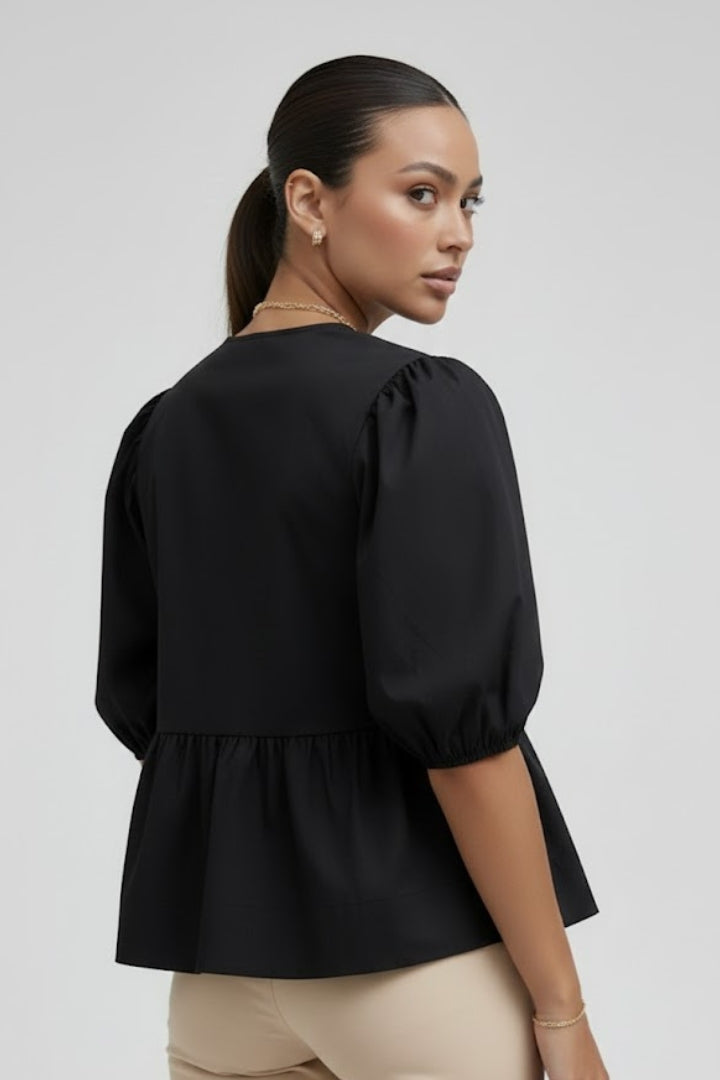 Orlena | Dames Peplum Blouse met Strik aan de Voorkant – Pofmouwen met Strikdetail